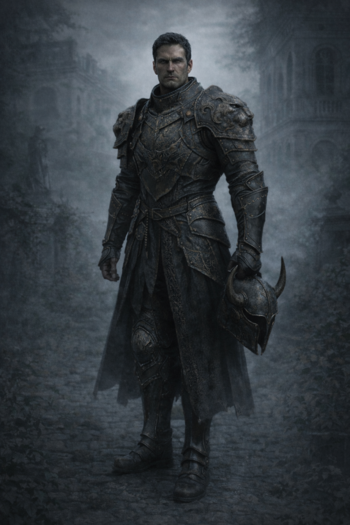 John Byron che indossa l'Armatura del Diavolo